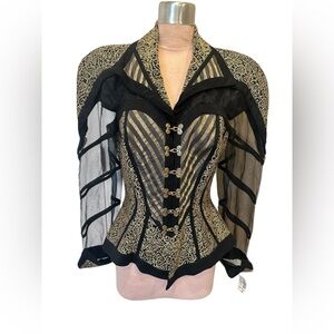 IIF Black Gold Brocade Gothic Steampunk Sheer Sleeve Statement Jacket Size 10